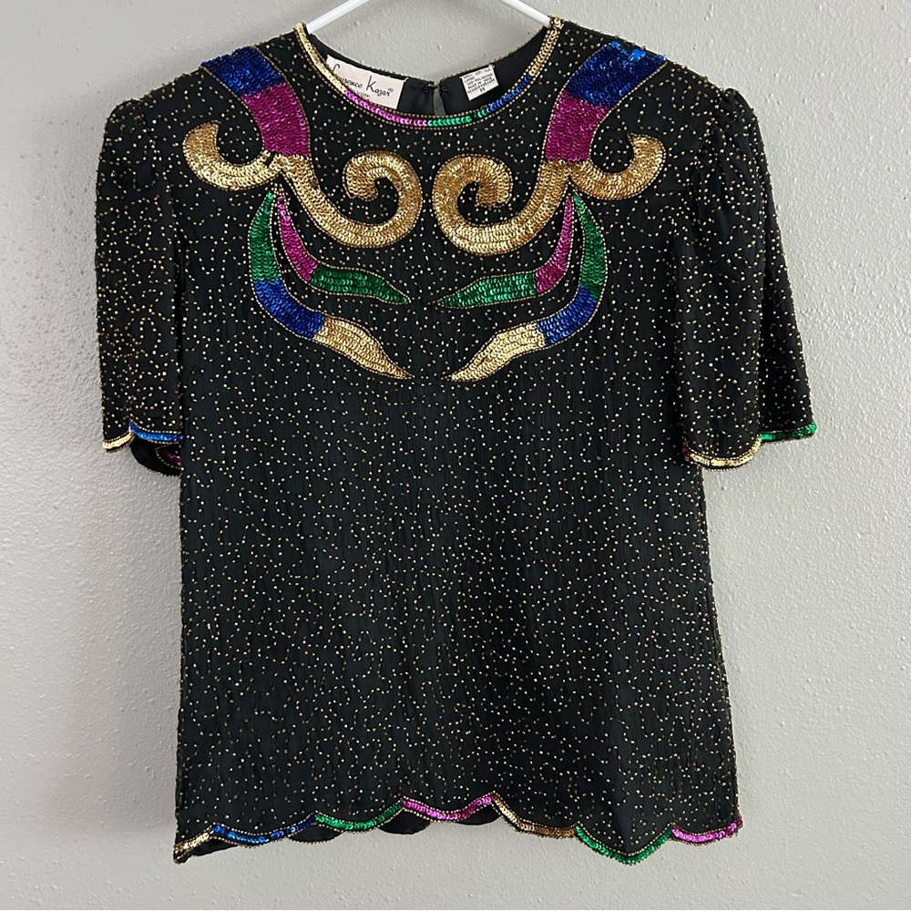 Vintage Laurence Kazar Silk Fully Beaded Sequined Blouse Top Size M Mardi Gras